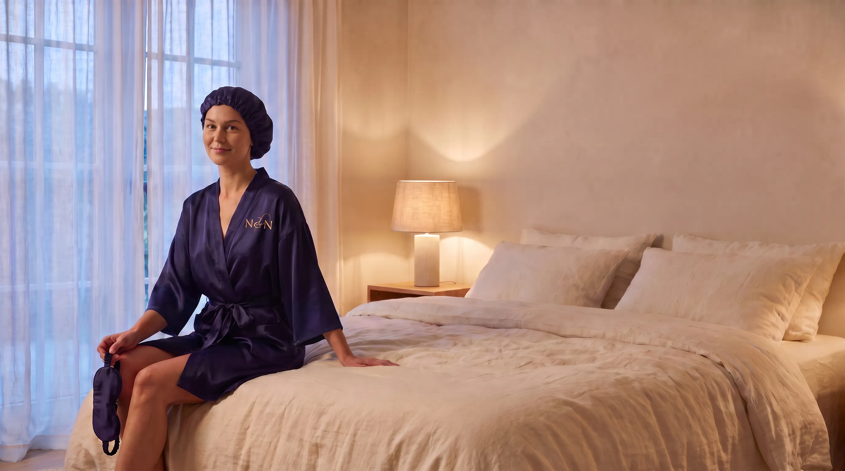 Smilende kvinde i kort midnatsblå silkekimono med broderet logo og sovehue sidder på sengekanten om aftenen med en sovemaske i hånden