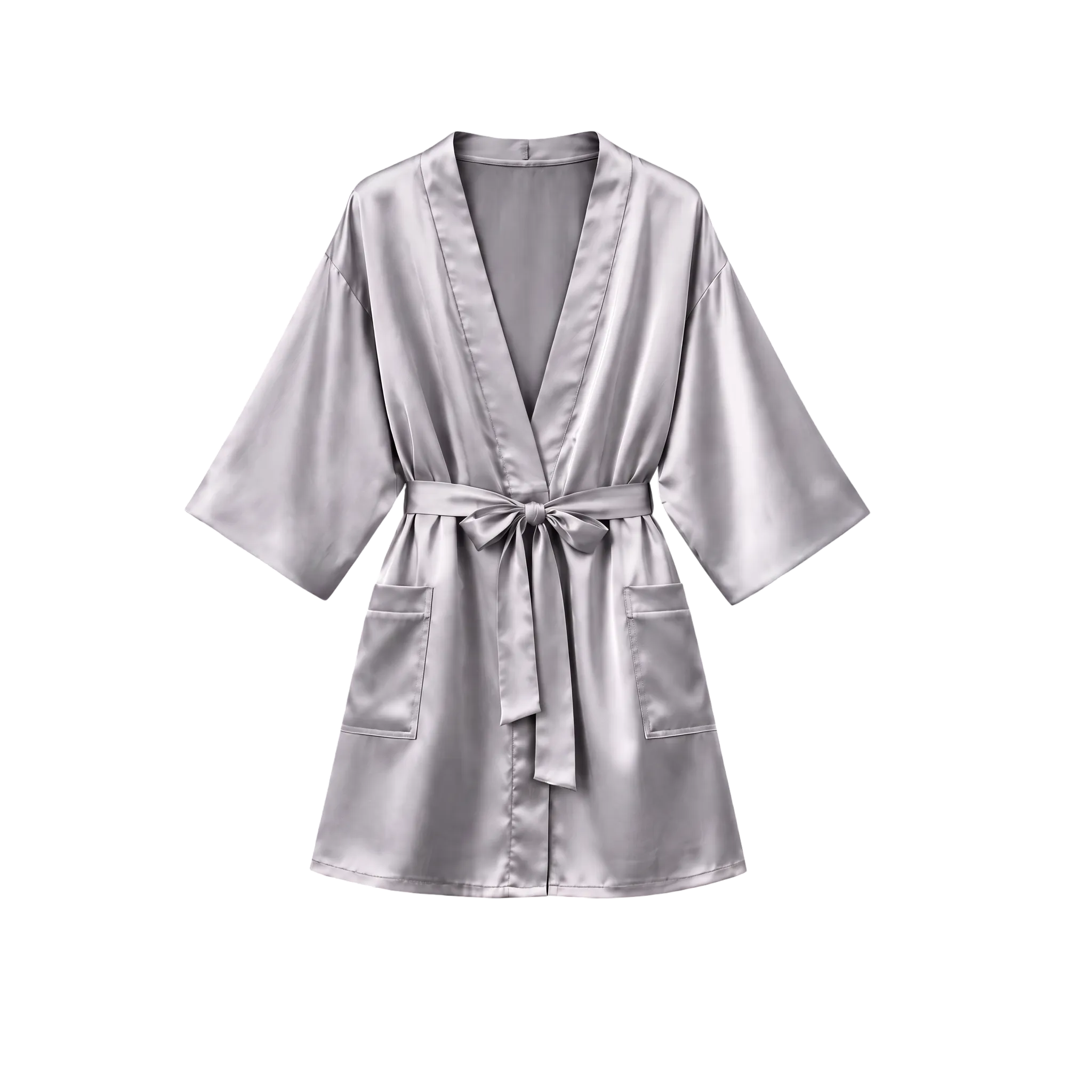 Kort kimono i perlegrå silke med bindebælte