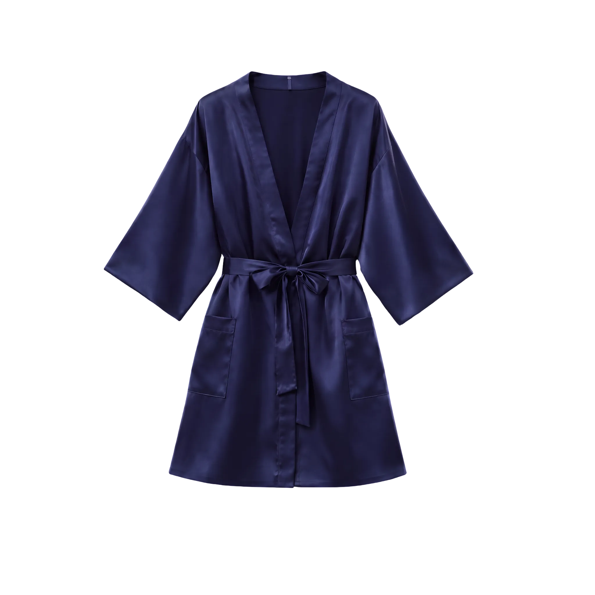 Kort kimono i midnatsblå silke med bindebælte