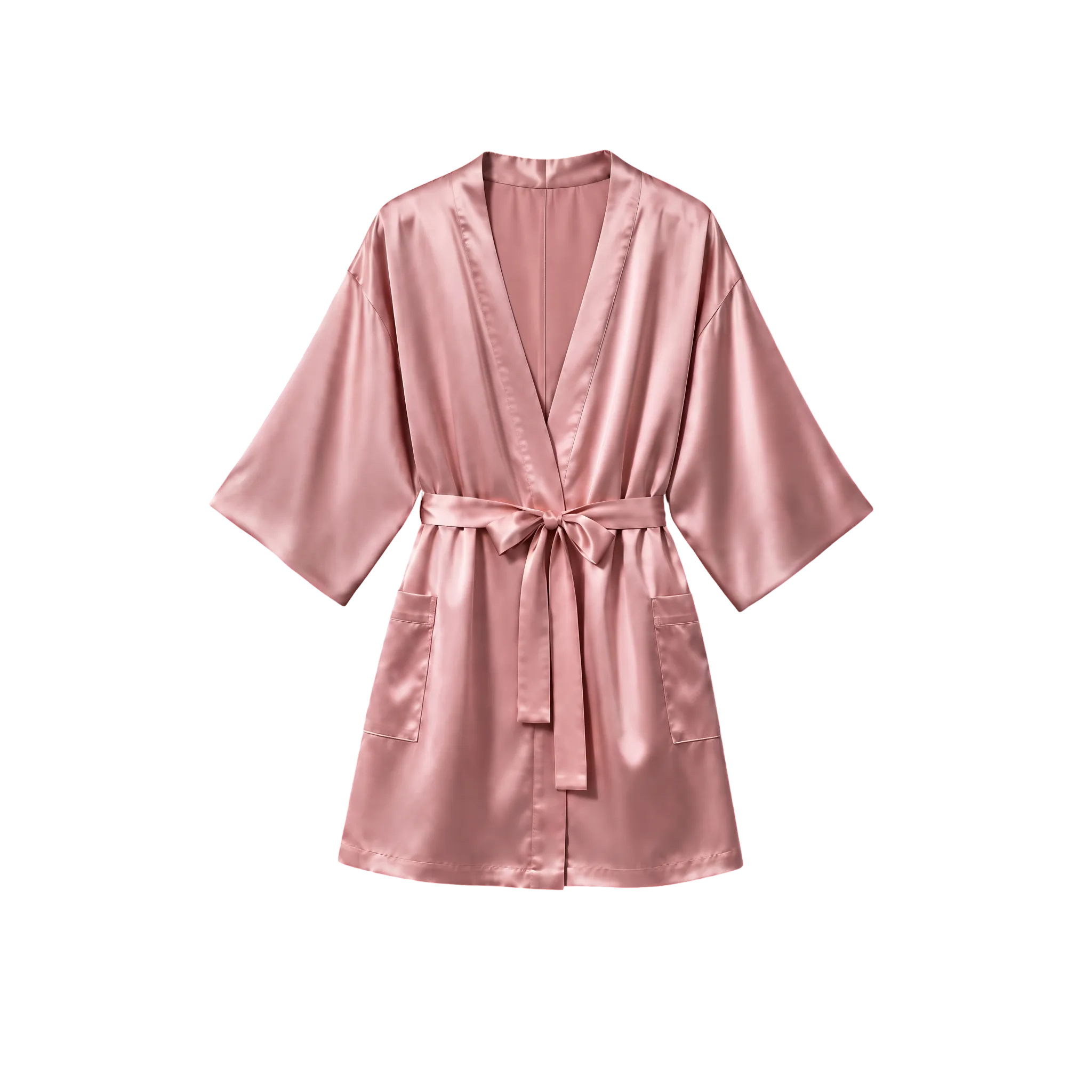 Kort kimono i støvet rosa silke med bindebælte